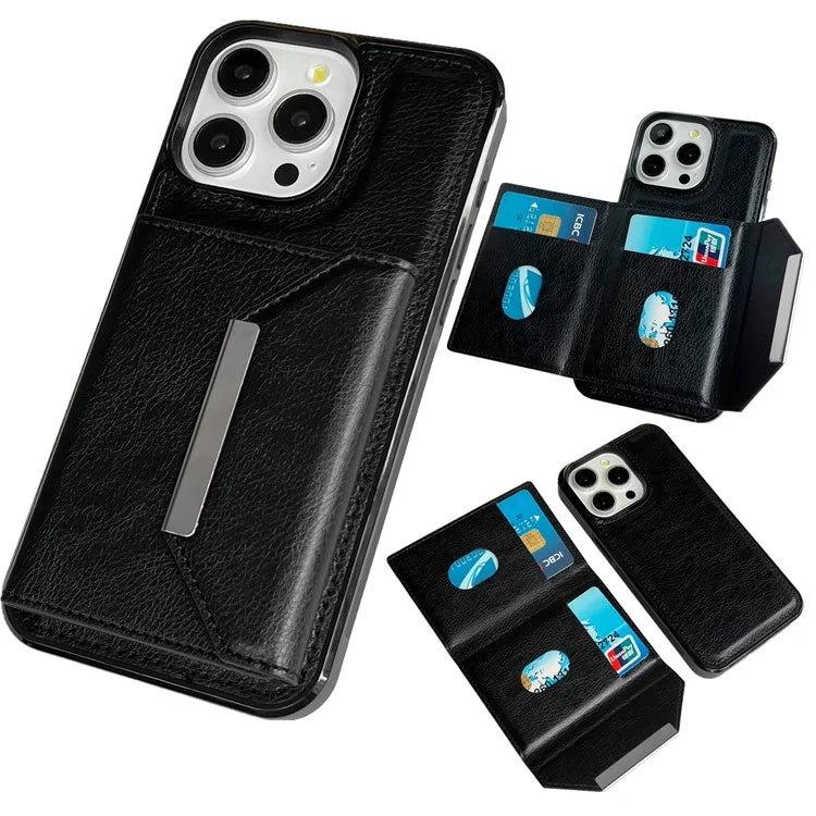 For iPhone 16 Pro Max Case Card Bag Kickstand TPU+PU Phone Cover