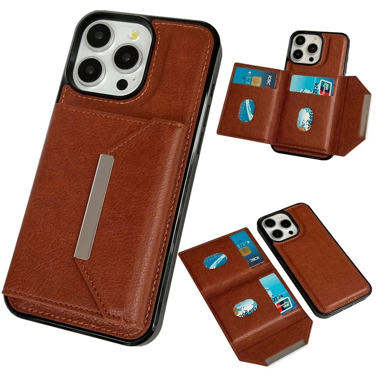 For iPhone 16 Pro Max Case Card Bag Kickstand TPU+PU Phone Cover