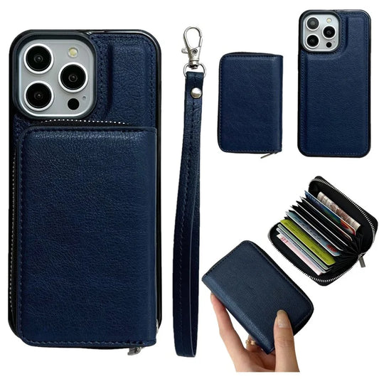 For iPhone 16 Pro Max Case Detachable Zipper Card Bag PU+TPU Kickstand Phone Case with Strap