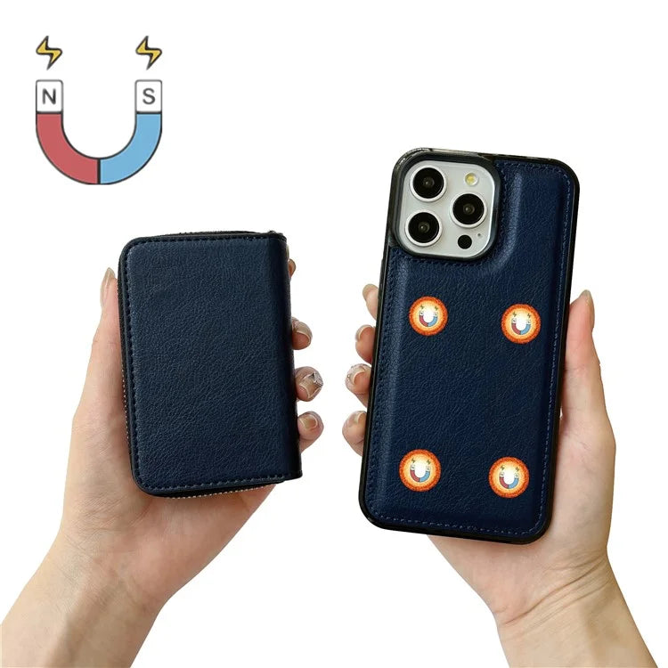 For iPhone 16 Pro Max Case Detachable Zipper Card Bag PU+TPU Kickstand Phone Case with Strap