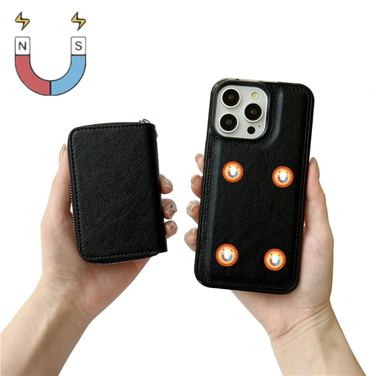 For iPhone 16 Pro Max Case Detachable Zipper Card Bag PU+TPU Kickstand Phone Case with Strap