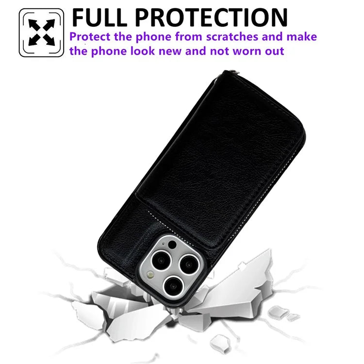 For iPhone 16 Pro Max Case Detachable Zipper Card Bag PU+TPU Kickstand Phone Case with Strap