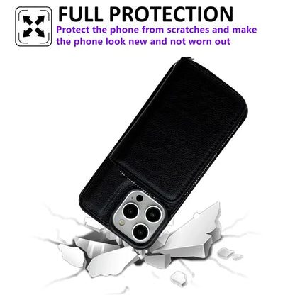For iPhone 16 Pro Max Case Detachable Zipper Card Bag PU+TPU Kickstand Phone Case with Strap
