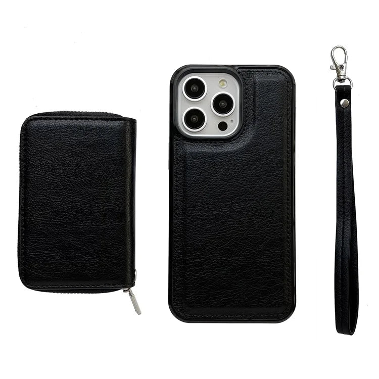 For iPhone 16 Pro Max Case Detachable Zipper Card Bag PU+TPU Kickstand Phone Case with Strap