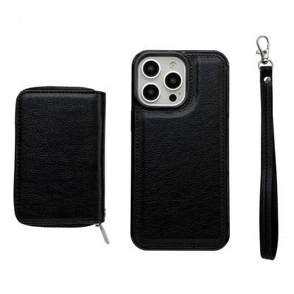 For iPhone 16 Pro Max Case Detachable Zipper Card Bag PU+TPU Kickstand Phone Case with Strap