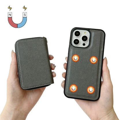 For iPhone 16 Pro Max Case Detachable Zipper Card Bag PU+TPU Kickstand Phone Case with Strap