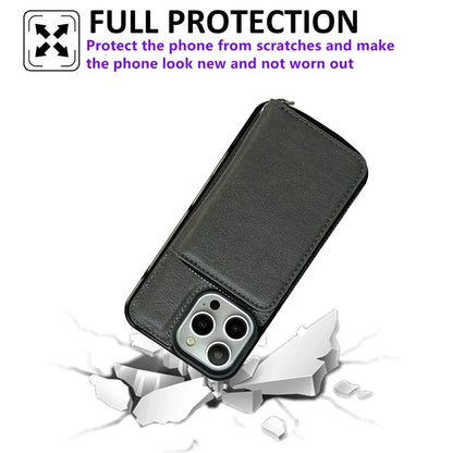 For iPhone 16 Pro Max Case Detachable Zipper Card Bag PU+TPU Kickstand Phone Case with Strap