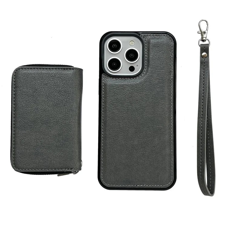 For iPhone 16 Pro Max Case Detachable Zipper Card Bag PU+TPU Kickstand Phone Case with Strap