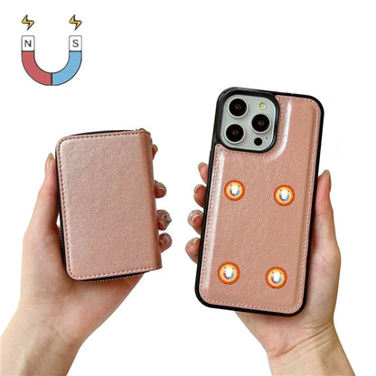 For iPhone 16 Pro Max Case Detachable Zipper Card Bag PU+TPU Kickstand Phone Case with Strap