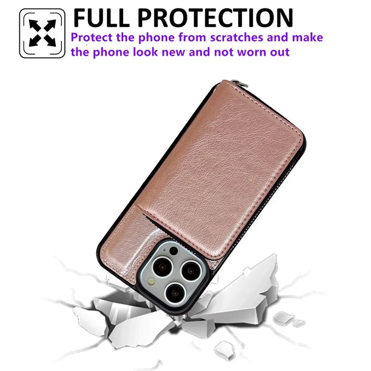 For iPhone 16 Pro Max Case Detachable Zipper Card Bag PU+TPU Kickstand Phone Case with Strap