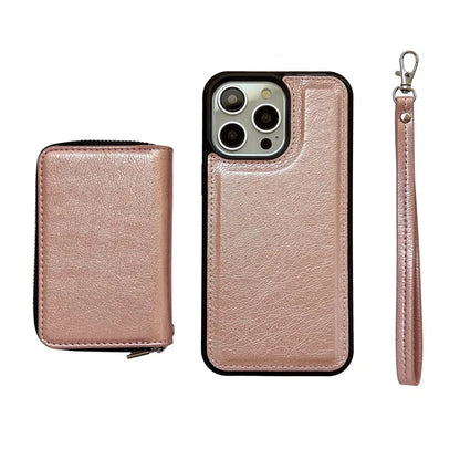 For iPhone 16 Pro Max Case Detachable Zipper Card Bag PU+TPU Kickstand Phone Case with Strap
