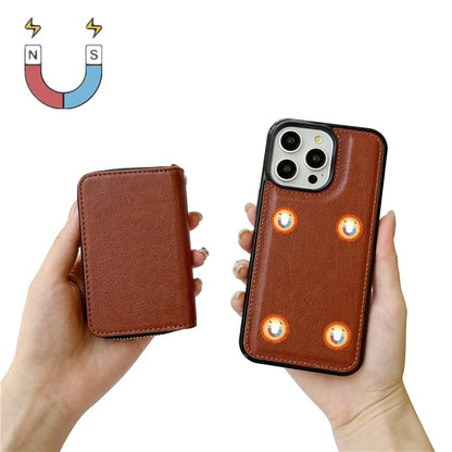 For iPhone 16 Pro Max Case Detachable Zipper Card Bag PU+TPU Kickstand Phone Case with Strap