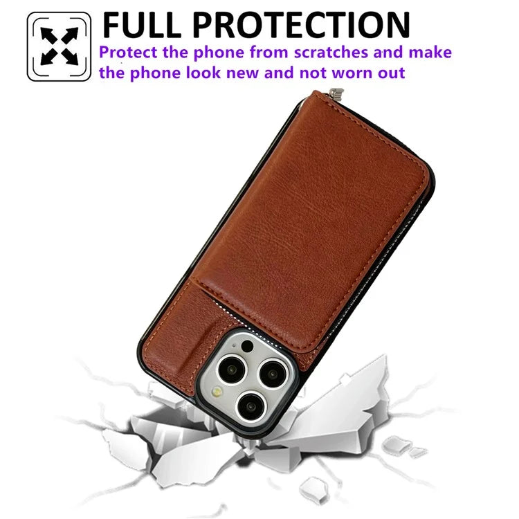 For iPhone 16 Pro Max Case Detachable Zipper Card Bag PU+TPU Kickstand Phone Case with Strap