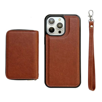 For iPhone 16 Pro Max Case Detachable Zipper Card Bag PU+TPU Kickstand Phone Case with Strap