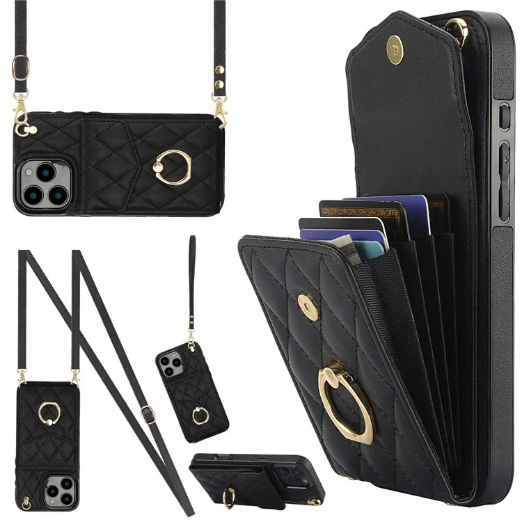 For iPhone 16 Pro Max Case Card Bag Leather+TPU Crossbody Phone Cover with Ring Kickstand