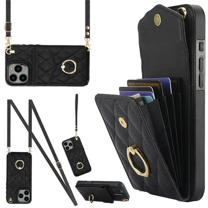 For iPhone 16 Pro Max Case Card Bag Leather+TPU Crossbody Phone Cover with Ring Kickstand