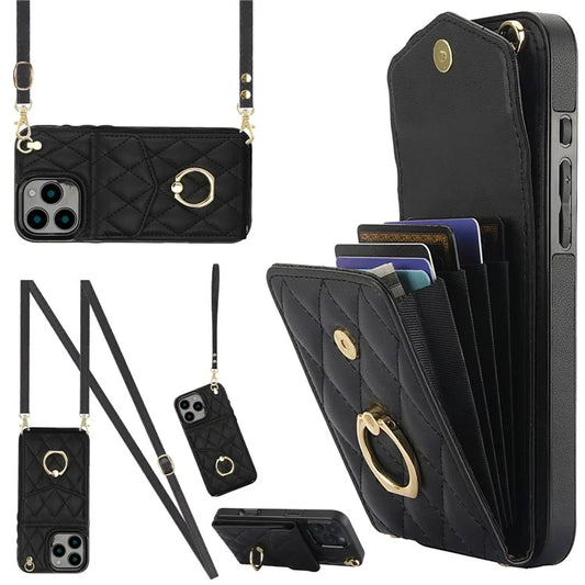For iPhone 16 Pro Max Case Card Bag Leather+TPU Crossbody Phone Cover with Ring Kickstand