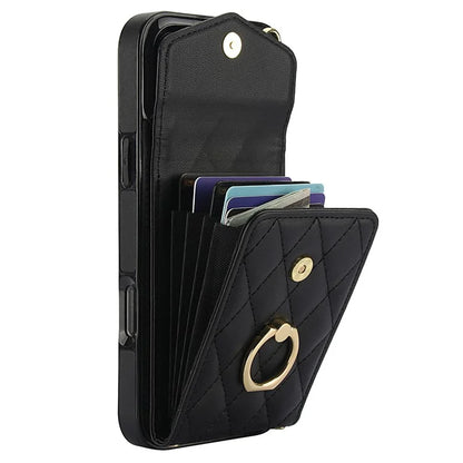 For iPhone 16 Pro Max Case Card Bag Leather+TPU Crossbody Phone Cover with Ring Kickstand