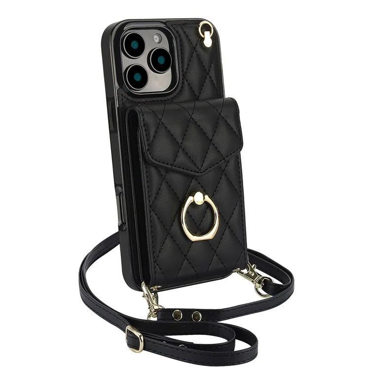 For iPhone 16 Pro Max Case Card Bag Leather+TPU Crossbody Phone Cover with Ring Kickstand