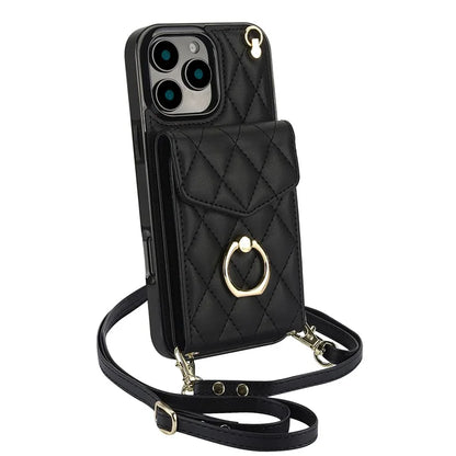 For iPhone 16 Pro Max Case Card Bag Leather+TPU Crossbody Phone Cover with Ring Kickstand