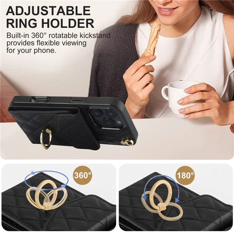 For iPhone 16 Pro Max Case Card Bag Leather+TPU Crossbody Phone Cover with Ring Kickstand