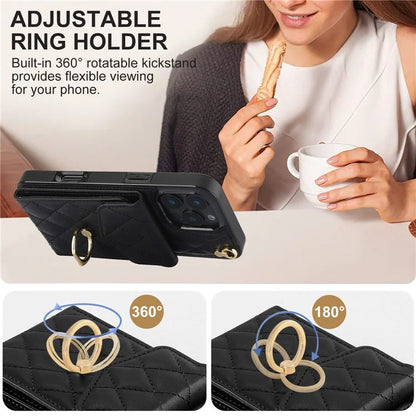 For iPhone 16 Pro Max Case Card Bag Leather+TPU Crossbody Phone Cover with Ring Kickstand