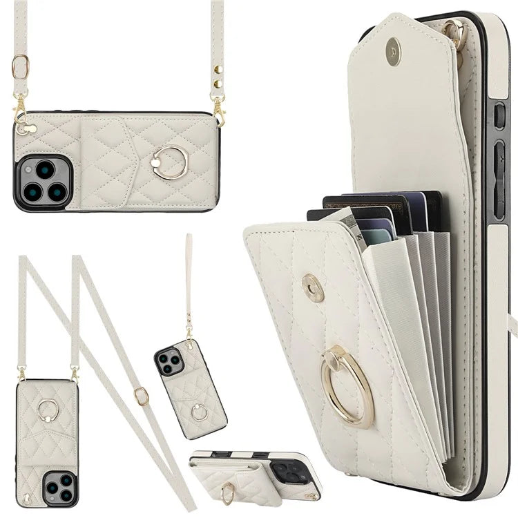For iPhone 16 Pro Max Case Card Bag Leather+TPU Crossbody Phone Cover with Ring Kickstand