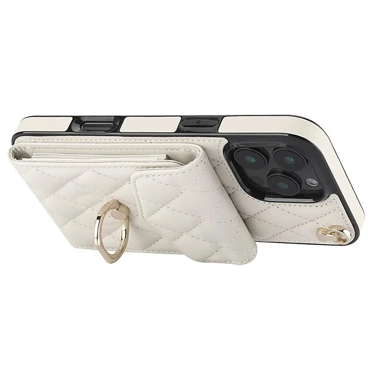 For iPhone 16 Pro Max Case Card Bag Leather+TPU Crossbody Phone Cover with Ring Kickstand