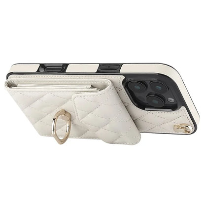 For iPhone 16 Pro Max Case Card Bag Leather+TPU Crossbody Phone Cover with Ring Kickstand