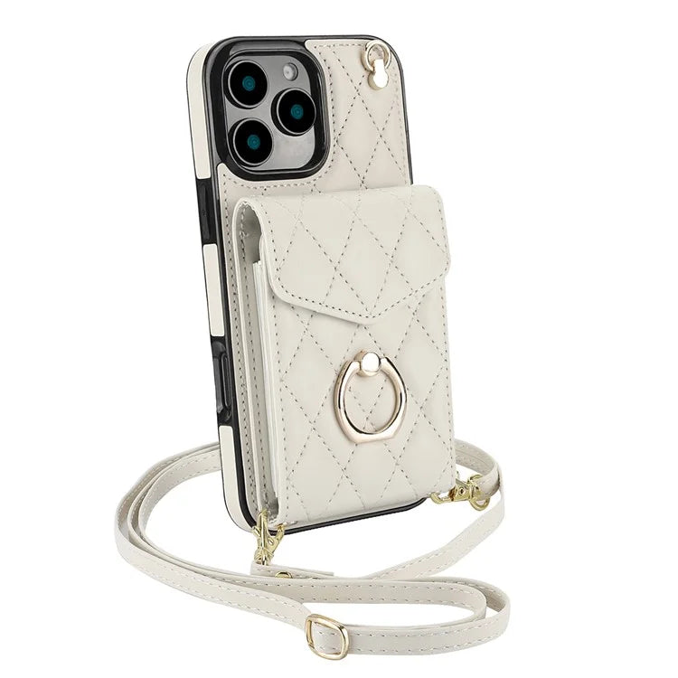 For iPhone 16 Pro Max Case Card Bag Leather+TPU Crossbody Phone Cover with Ring Kickstand