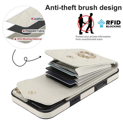 For iPhone 16 Pro Max Case Card Bag Leather+TPU Crossbody Phone Cover with Ring Kickstand