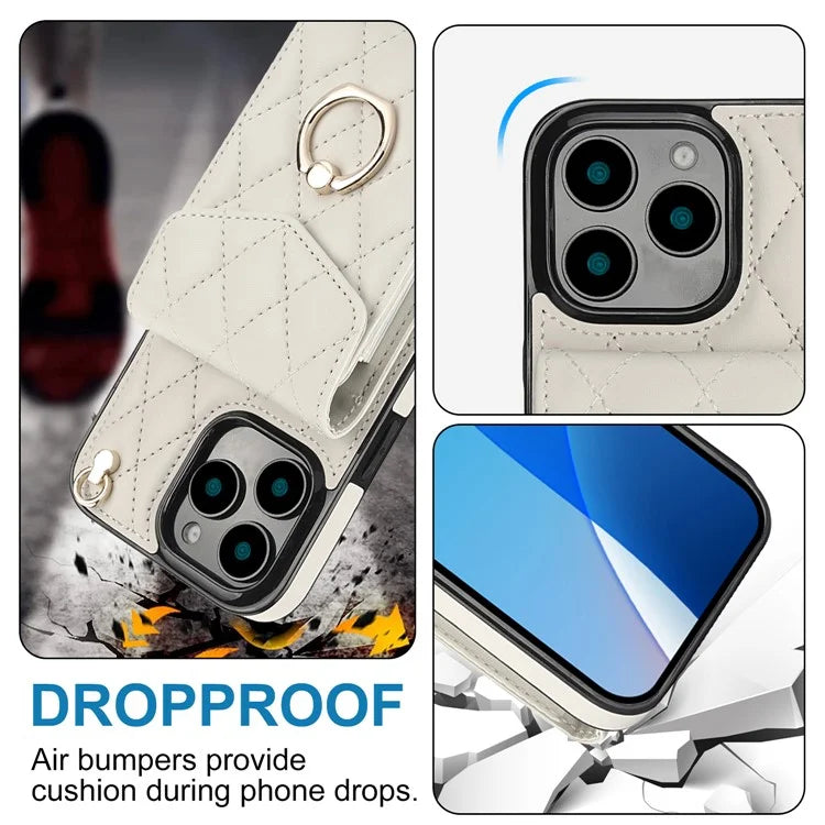 For iPhone 16 Pro Max Case Card Bag Leather+TPU Crossbody Phone Cover with Ring Kickstand