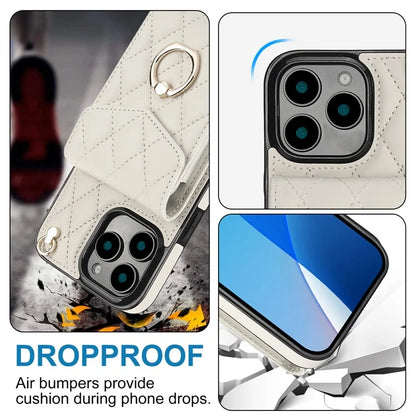 For iPhone 16 Pro Max Case Card Bag Leather+TPU Crossbody Phone Cover with Ring Kickstand