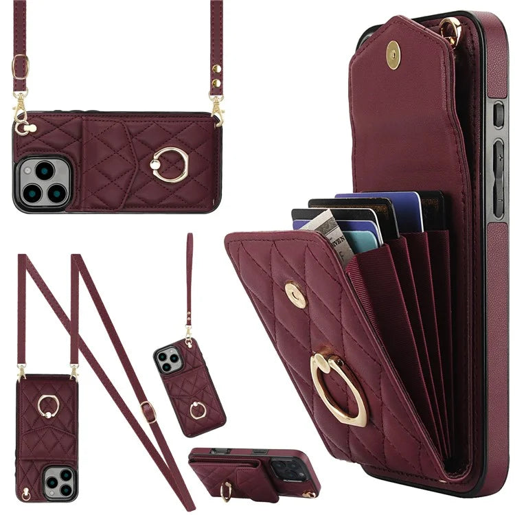 For iPhone 16 Pro Max Case Card Bag Leather+TPU Crossbody Phone Cover with Ring Kickstand