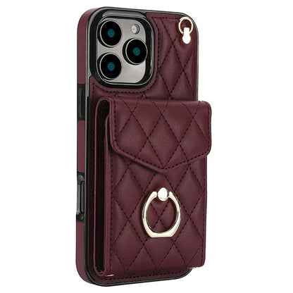For iPhone 16 Pro Max Case Card Bag Leather+TPU Crossbody Phone Cover with Ring Kickstand