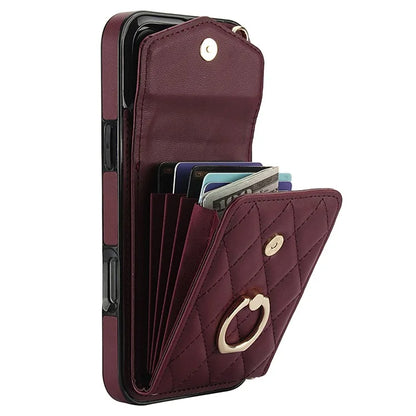 For iPhone 16 Pro Max Case Card Bag Leather+TPU Crossbody Phone Cover with Ring Kickstand
