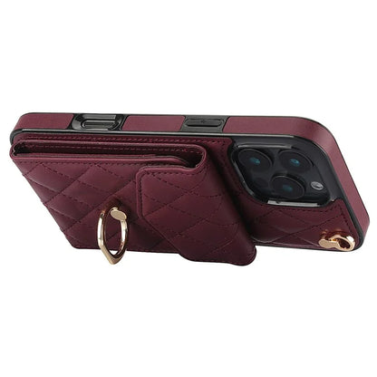 For iPhone 16 Pro Max Case Card Bag Leather+TPU Crossbody Phone Cover with Ring Kickstand
