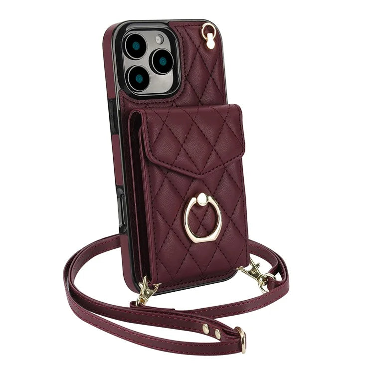 For iPhone 16 Pro Max Case Card Bag Leather+TPU Crossbody Phone Cover with Ring Kickstand