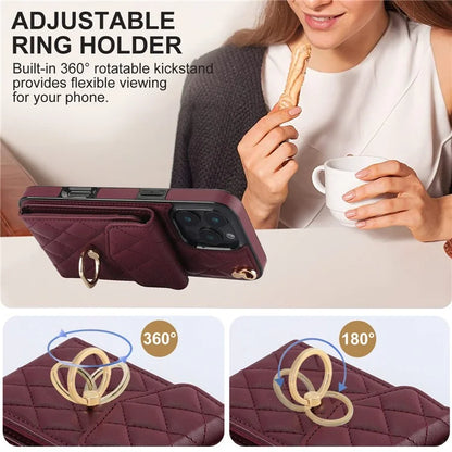For iPhone 16 Pro Max Case Card Bag Leather+TPU Crossbody Phone Cover with Ring Kickstand