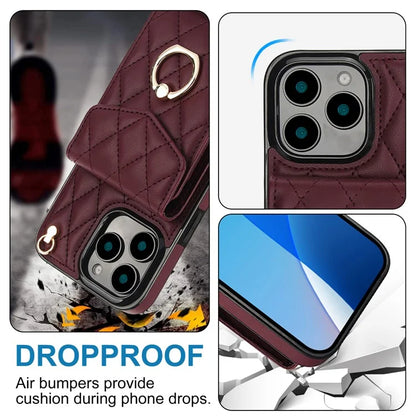 For iPhone 16 Pro Max Case Card Bag Leather+TPU Crossbody Phone Cover with Ring Kickstand