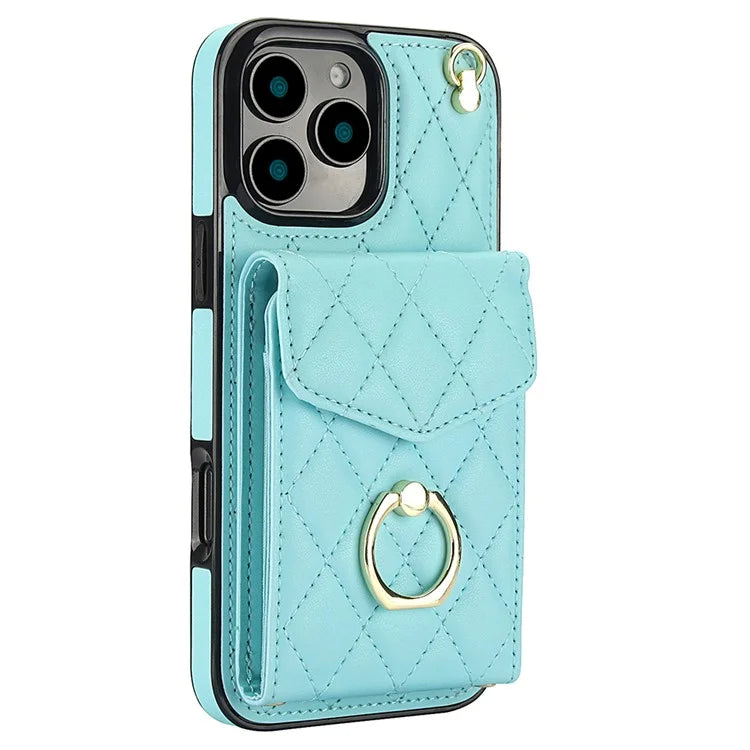For iPhone 16 Pro Max Case Card Bag Leather+TPU Crossbody Phone Cover with Ring Kickstand