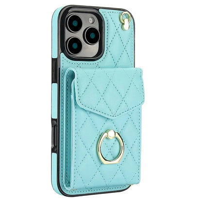 For iPhone 16 Pro Max Case Card Bag Leather+TPU Crossbody Phone Cover with Ring Kickstand