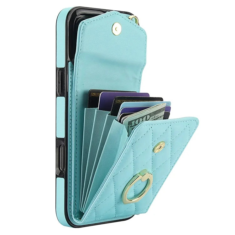 For iPhone 16 Pro Max Case Card Bag Leather+TPU Crossbody Phone Cover with Ring Kickstand