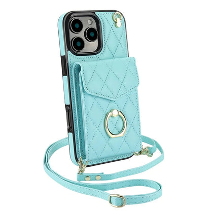 For iPhone 16 Pro Max Case Card Bag Leather+TPU Crossbody Phone Cover with Ring Kickstand