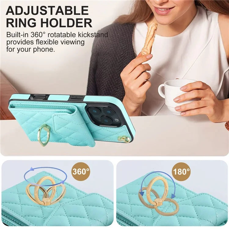 For iPhone 16 Pro Max Case Card Bag Leather+TPU Crossbody Phone Cover with Ring Kickstand