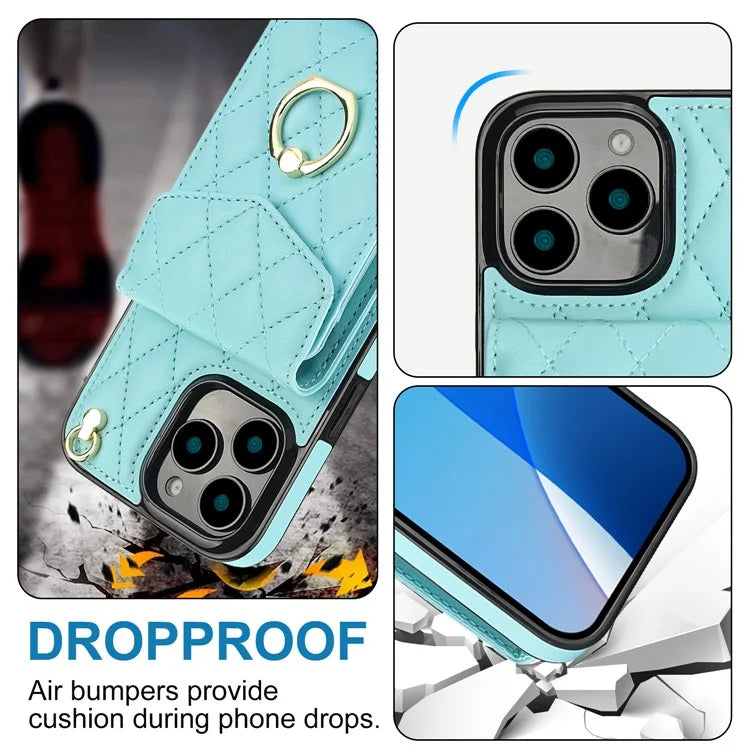 For iPhone 16 Pro Max Case Card Bag Leather+TPU Crossbody Phone Cover with Ring Kickstand