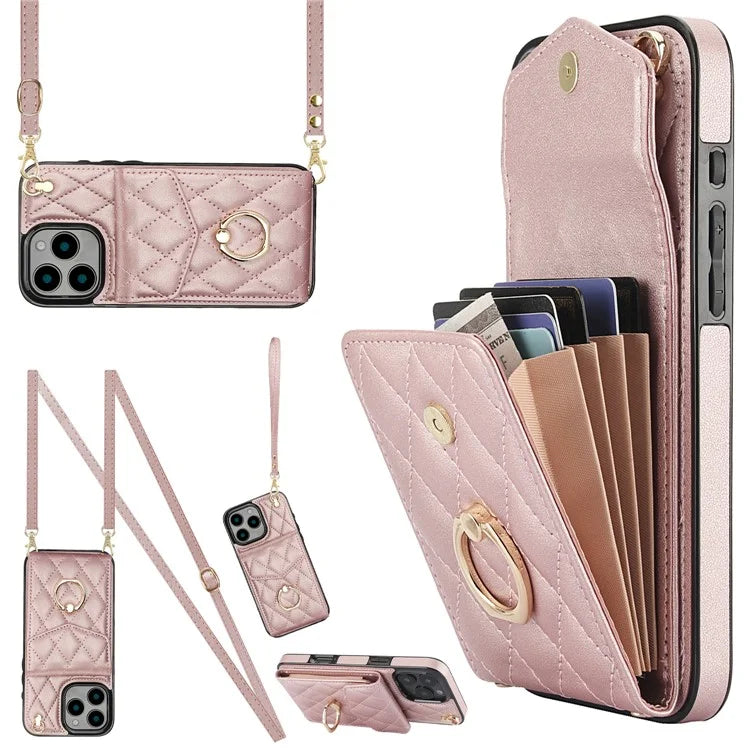 For iPhone 16 Pro Max Case Card Bag Leather+TPU Crossbody Phone Cover with Ring Kickstand