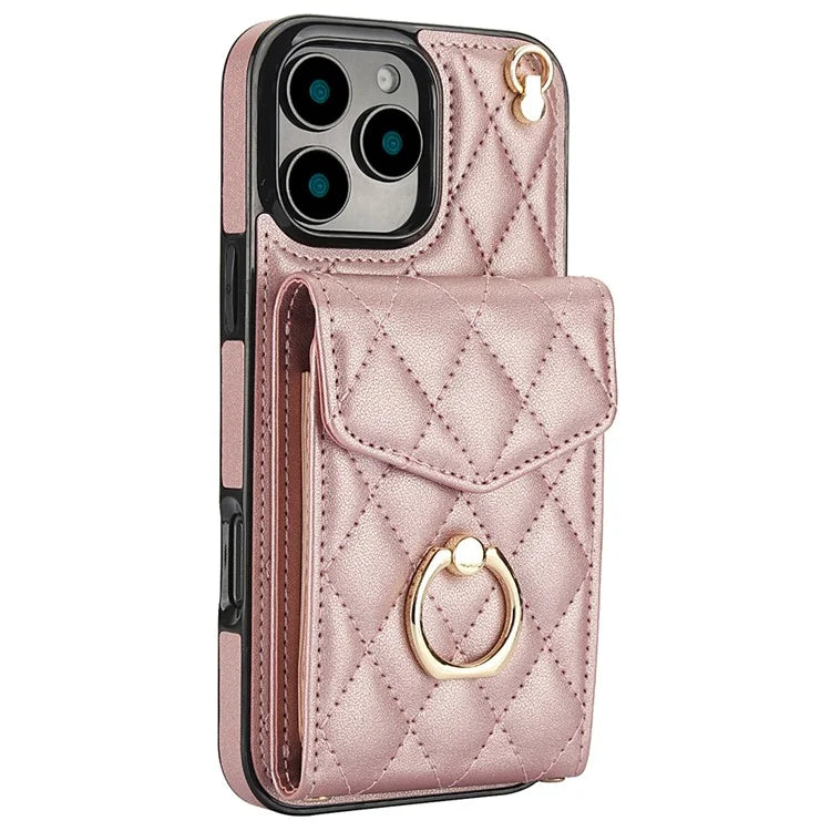 For iPhone 16 Pro Max Case Card Bag Leather+TPU Crossbody Phone Cover with Ring Kickstand
