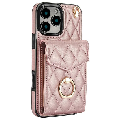 For iPhone 16 Pro Max Case Card Bag Leather+TPU Crossbody Phone Cover with Ring Kickstand