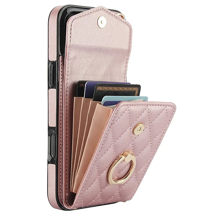 For iPhone 16 Pro Max Case Card Bag Leather+TPU Crossbody Phone Cover with Ring Kickstand
